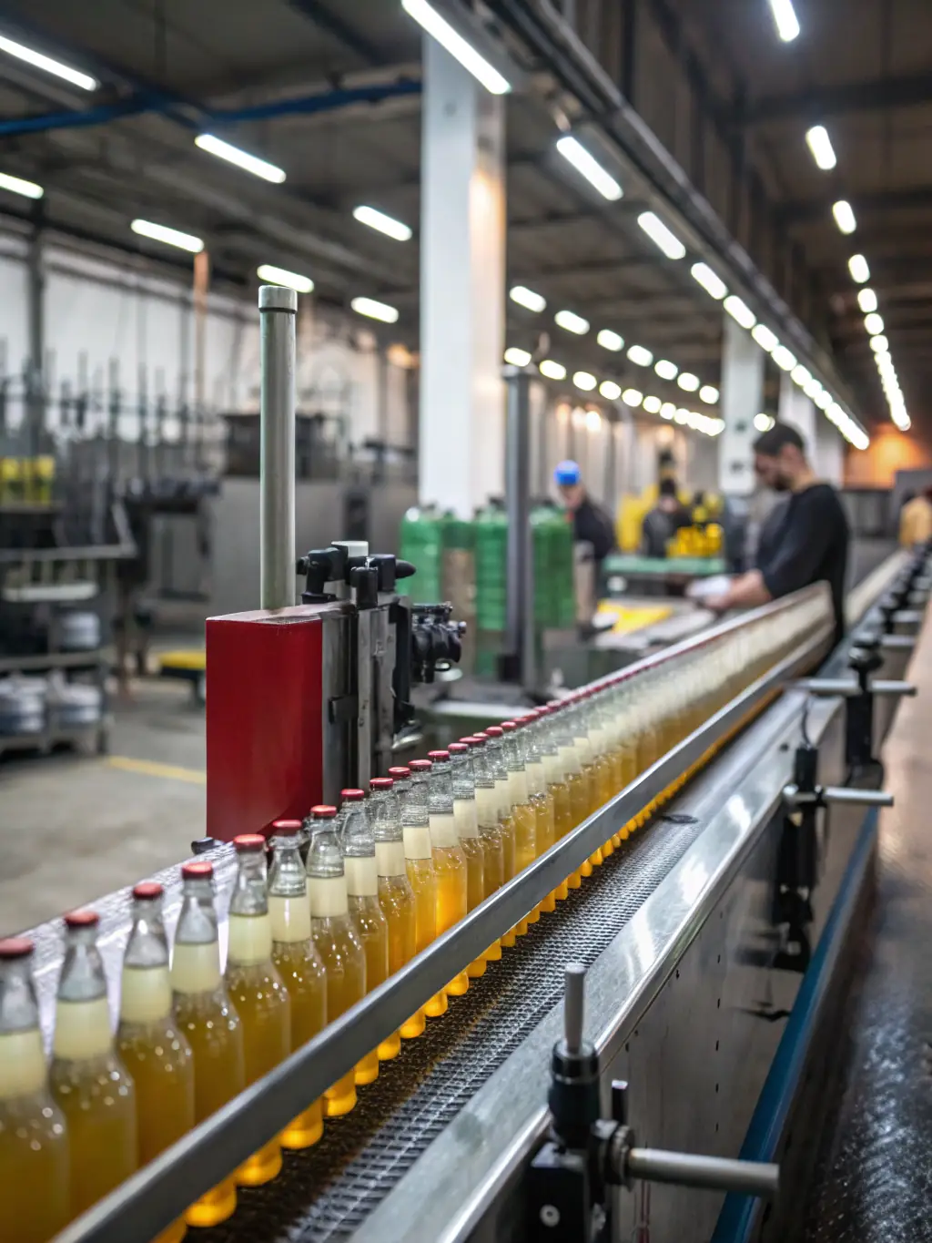 A dynamic image of a modern beer production line with bottles being filled and labeled, showcasing full production support.