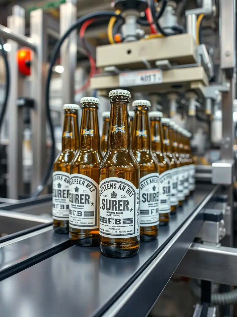 A detailed shot of beer bottles being meticulously labeled with custom designs, highlighting the importance of packaging and branding.