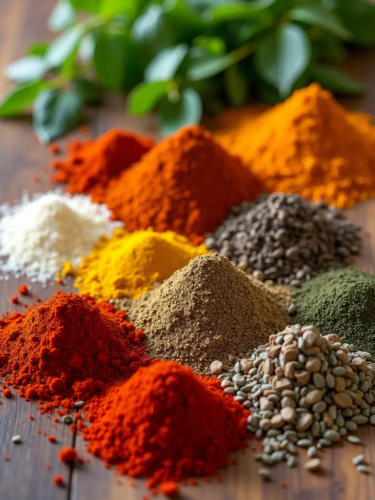 A close-up shot of various exotic beer ingredients like rare hops, spices, and fruits, arranged artfully on a wooden table, symbolizing custom beer formula creation.