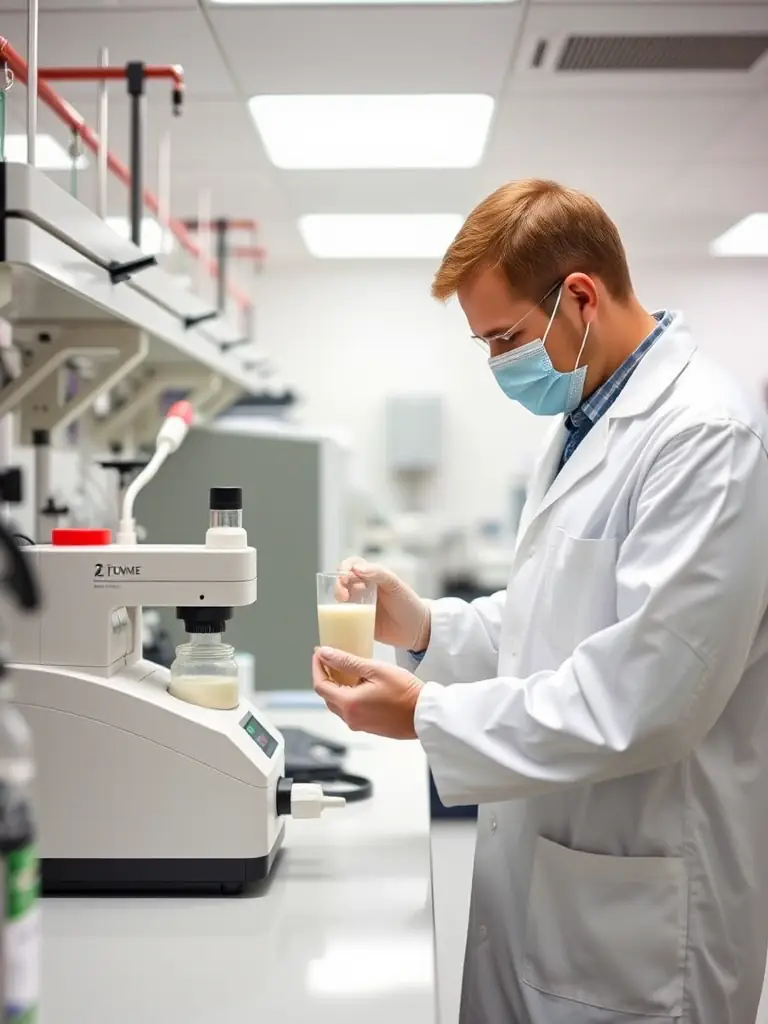 A professional quality control expert examining a freshly brewed beer sample in a lab setting, ensuring high standards.